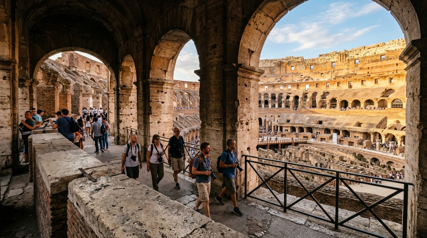 Visitors walking through the second-tier stone arcades inside the Roman Colosseum overlooking the arena